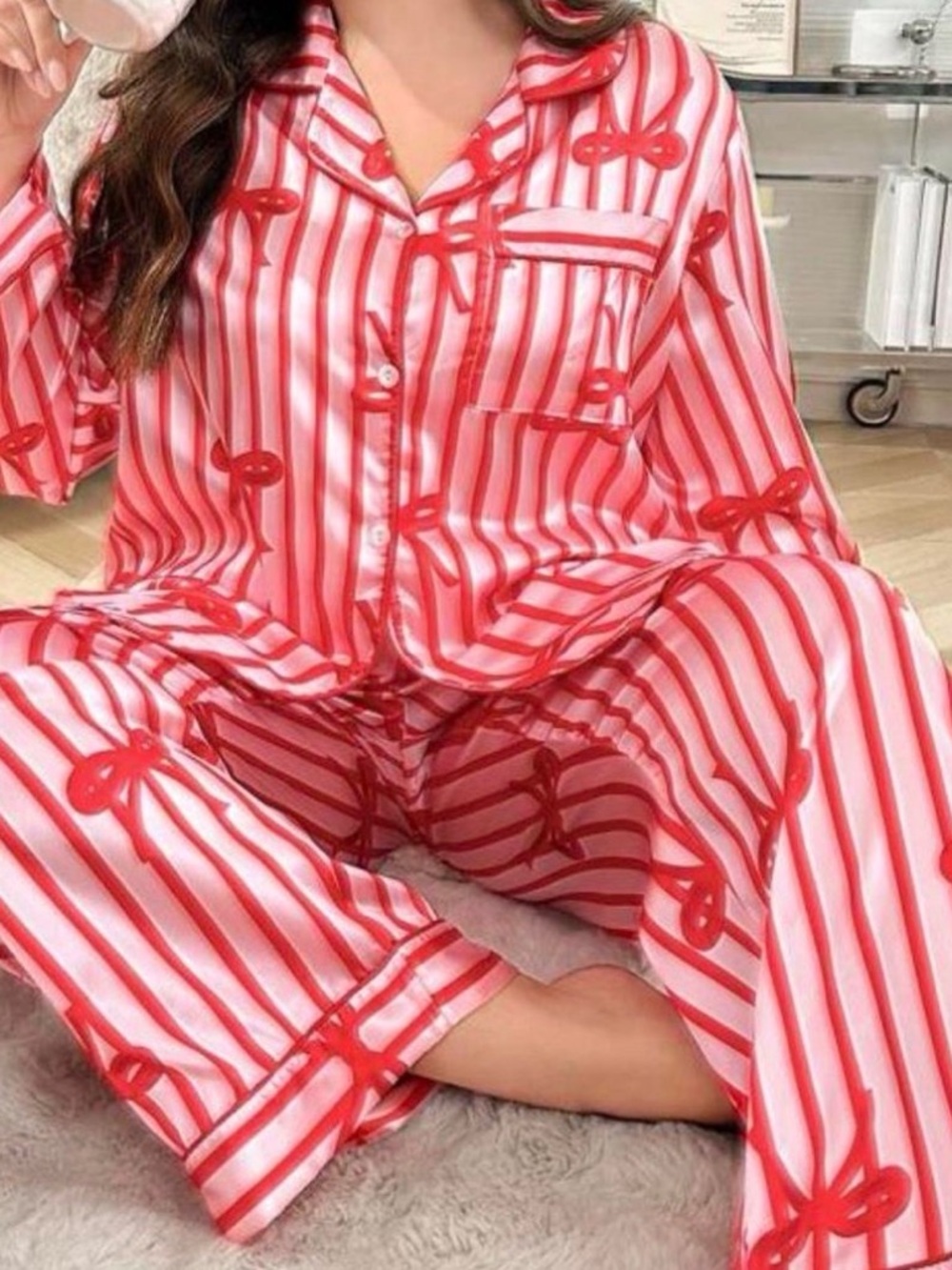 Red Striped Satin Pajama Set with Bow Print - Women